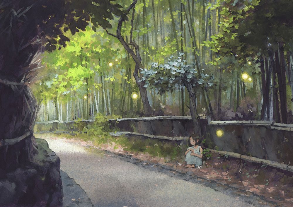 a painting of a little girl sitting on the ground beside a path in a bamboo forest