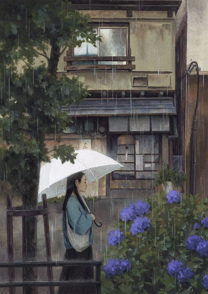 a painting of a girl walking through the rain, holding a white umbrella
