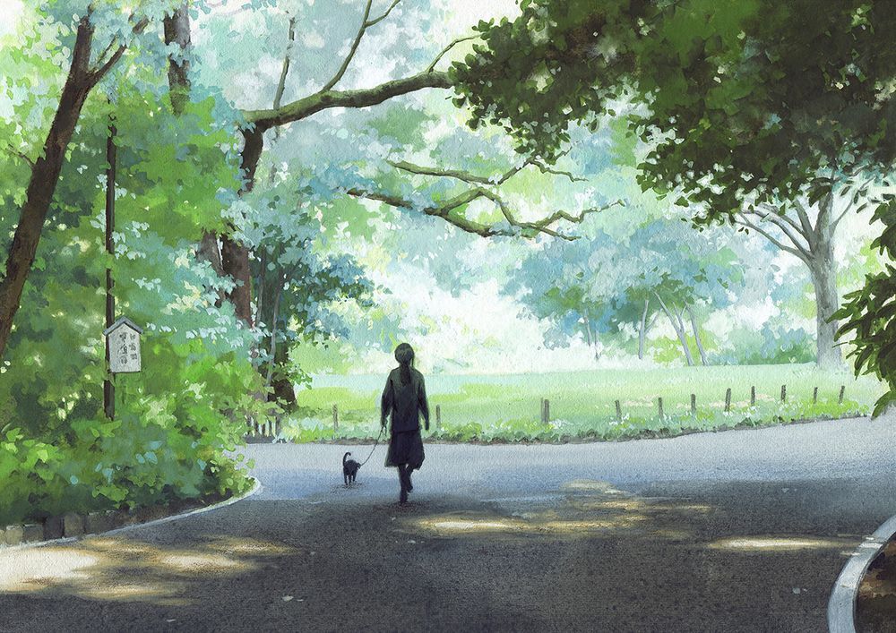 a painting of a sunny park, and a woman walking her dog. 