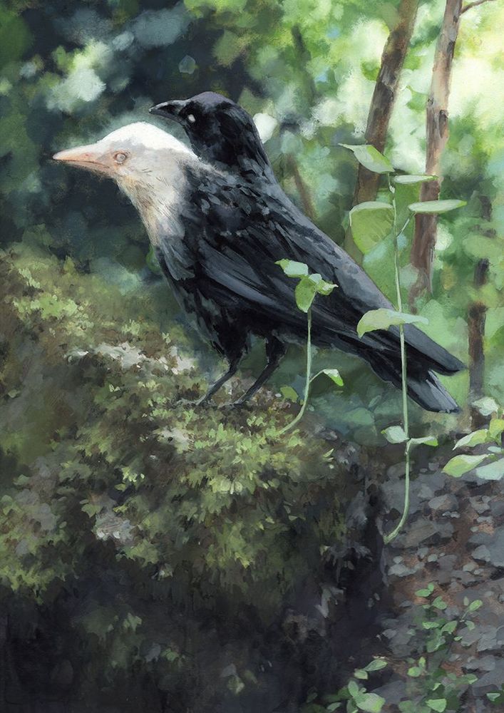 a painting of a two-headed crow in the forest, natural hues