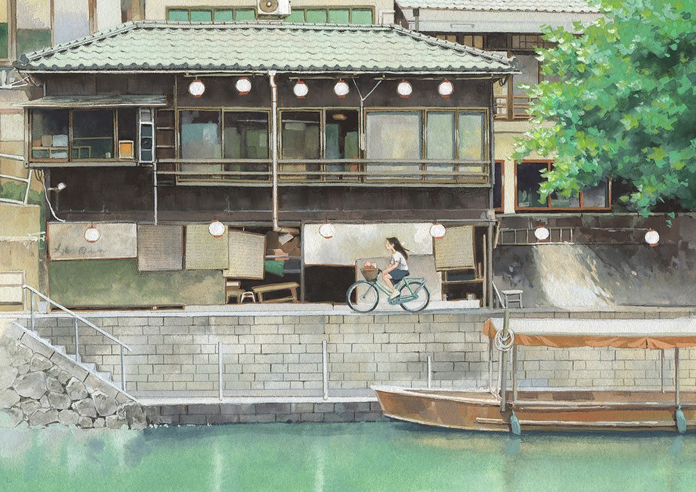 a painting of a house by the water, and a girl cycling. green, neutral, and orange hues