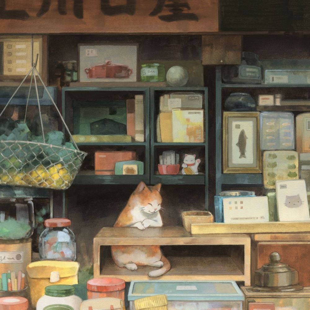 a paintinf of a cat sitting in a shop window