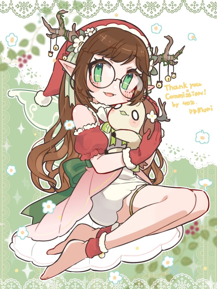mori in a christmassy outfit, holding faeya! art by 4ox.bsky.social