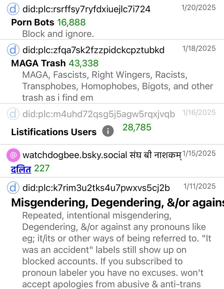 Got added to porn bots, maga trash, listifications users and misgendering, degendering, or against pronouns by deleted accounts. Watchdogbee added me to something I can’t read.