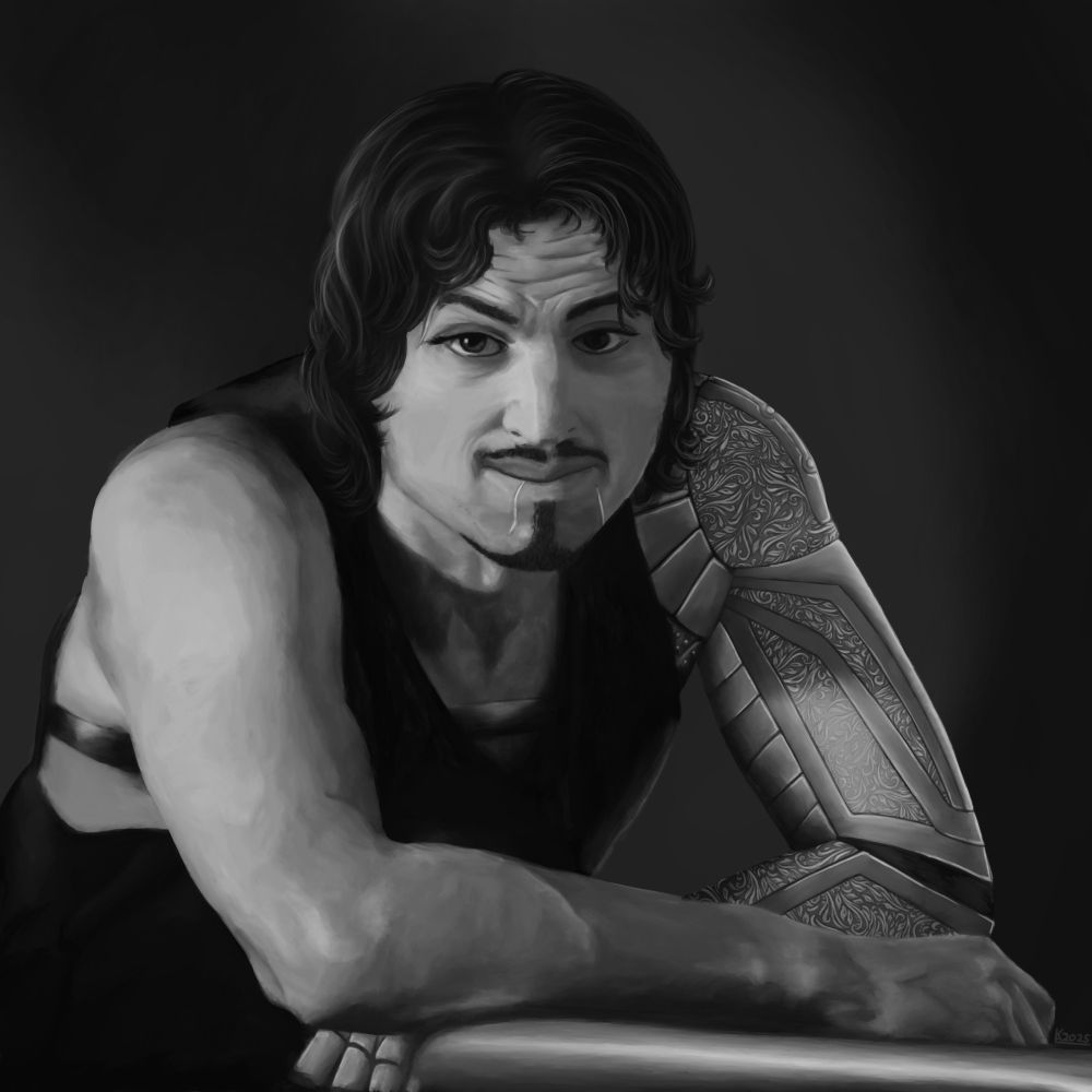 Tygo leans forward, his arms crossed on the edge of a bar, the light picking out the intricate engraving on his prosthetic. He's looking directly at you with soft, dark eyes, the corner of his scarred mouth pulled up into a gentle smirk as his black, wavy hair frames his face. Glimpses of the leather strap holding his arm in place can be seen beneath his top.