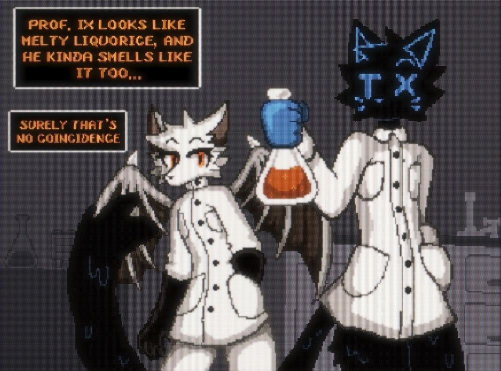 Altair: 
"Prof. Ix looks like melty liquorice, and he kinda smells like it too..."
"Surely that's no coincidence."