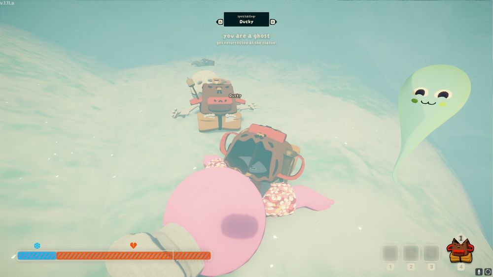 screenshot of the game Peak from Aggro Crab showing two dead players with an uwu ghost smiling to the side