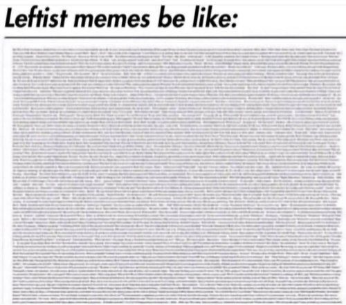 "Leftist memes be like:" and then a giant block of text so small that it's unreadable 

