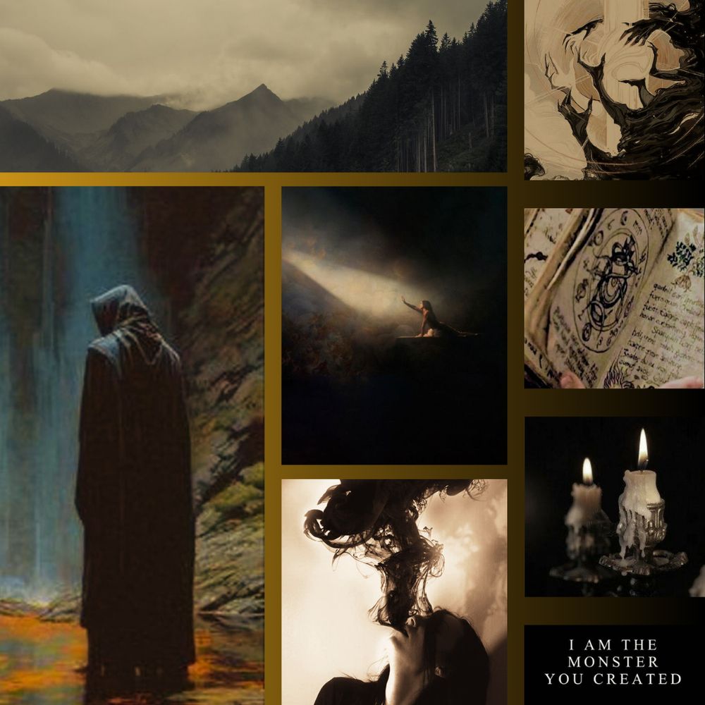 A misty forest
a black cloaked figure
a woman reaching toward light in the darkness 
smoke pouring from a woman's mouth
shadowed hands reaching for an illuminated orb
a book of glyphs
twin flames burning
"I am the monster you created"