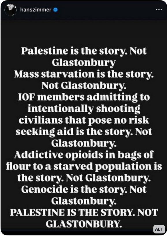 Hans Zimmer: Palestine is the story, not Glastonbury.