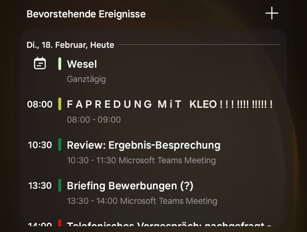 Kalendereintrag "FAPREDUNG MIT KLEO" mit vielen Ausrufezeichen. 