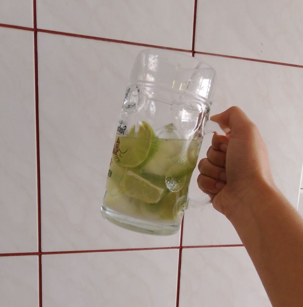 Caneta de vidro com limão, gelo e açúcar, e uma mão parda segurando.