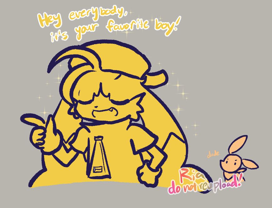 a doodle of Klonoa from the Klonoa series. Sparkles are surrounding him as he says "Hey everybody, it's your favorite boy!" Popka is in the background saying "dude." and looking a bit peeved.