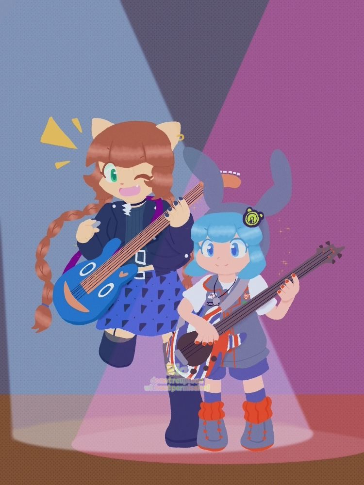 Nyami and Minit's from Pop'n Music dressed in their Gitadora outfits and playing guitars, drawn June 2025