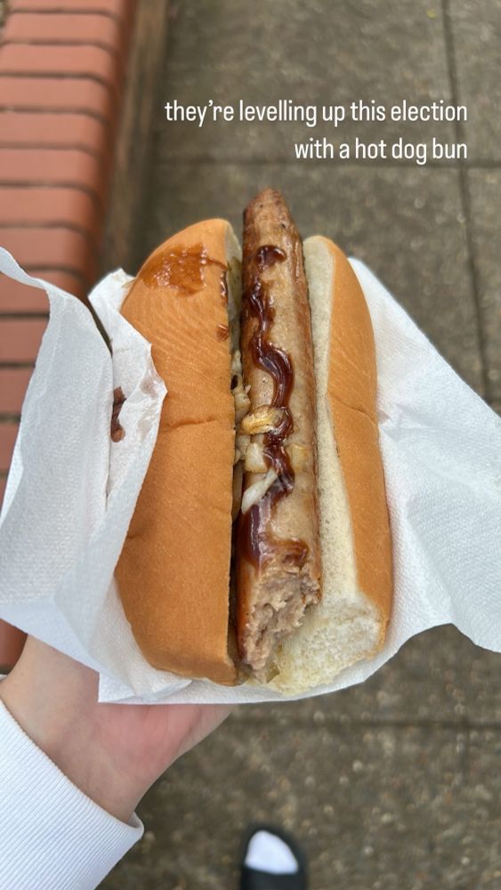Me holding a hotdog bun with sausage, undercooked onion and barbecue sauce. There is text on the image that reads: they’re levelling up this year with a hot dog bun.