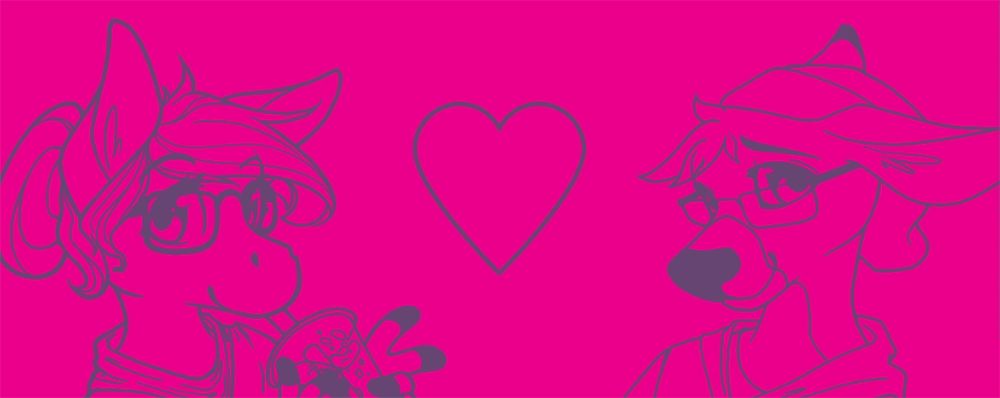 An illustration of our characters Lore and Evie with a heart between them