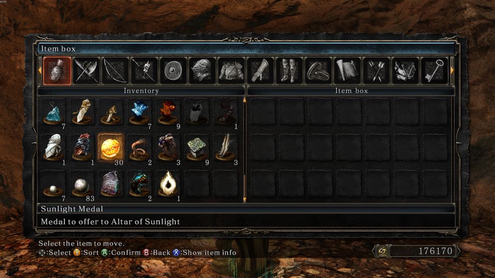 A screenshot of Dark Souls 2 showing the item box. "Sunlight Medal" is highlighted showing 30 medals, required for the Heirs of the Sun Covenant