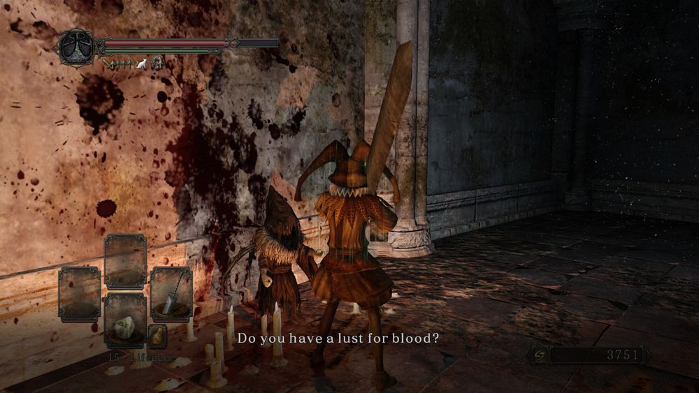 A screenshot of Titchy Gren in Dark Souls 2. He is saying "Do you have a lust for blood?"