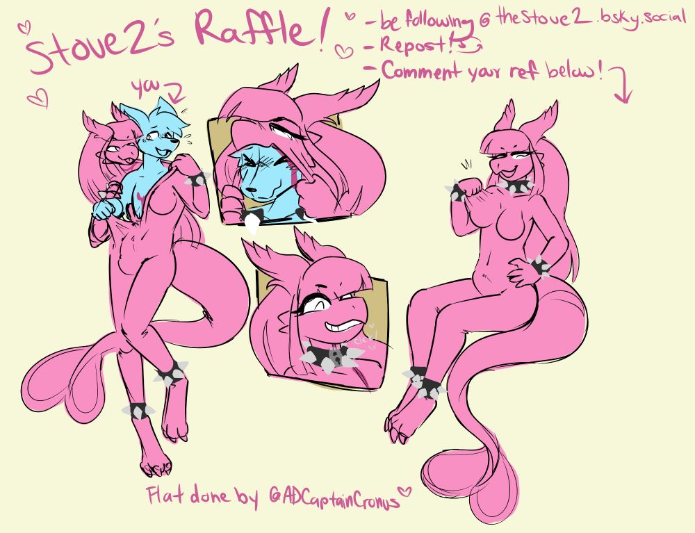 Image of Nora living suit taking over a YCH character with the following text :
Stove2 Raffle!
-Be following me on bsky
-Repost
-Comment your ref below
-Flat done by @ADCaptainCronus