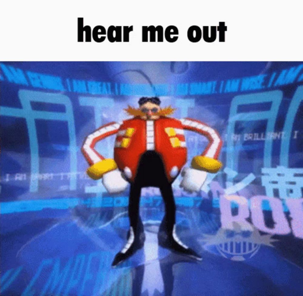 a cartoon character is standing in front of a screen that says " hear me out "