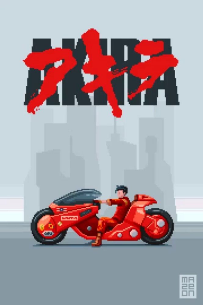 a pixel art of a man riding a red motorcycle with the word akira on the bottom