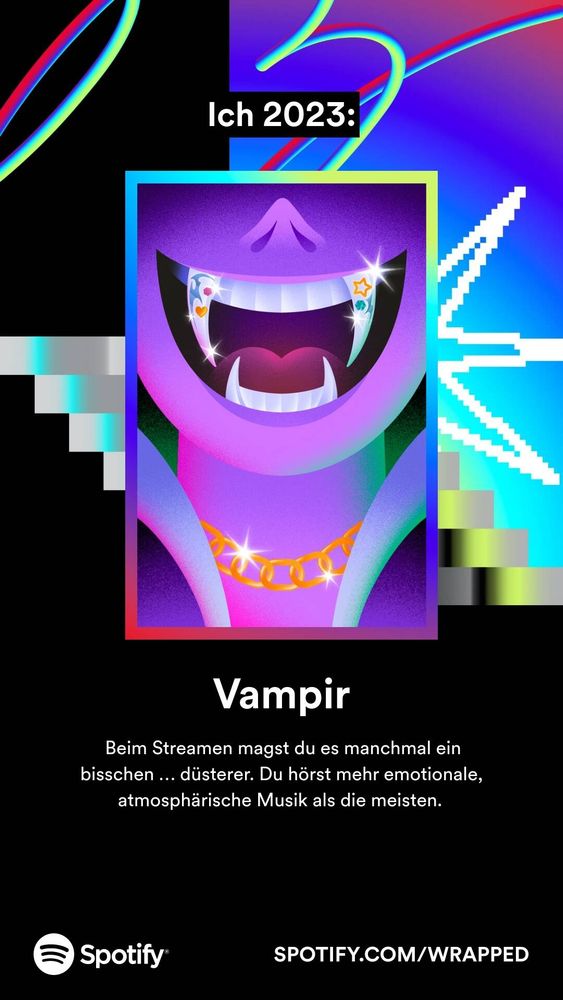 Spotify Jahresrückblick 2023 mit Bild von einem Vampir und Beschreibung meiner Vorliebe für emotionale atmosphärische Musik.