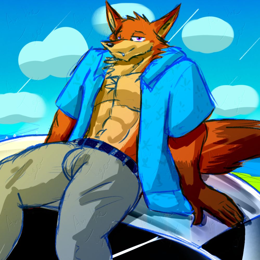 Nick Wilde in a blue shirt and grey pants sitting on a car in front of a beach