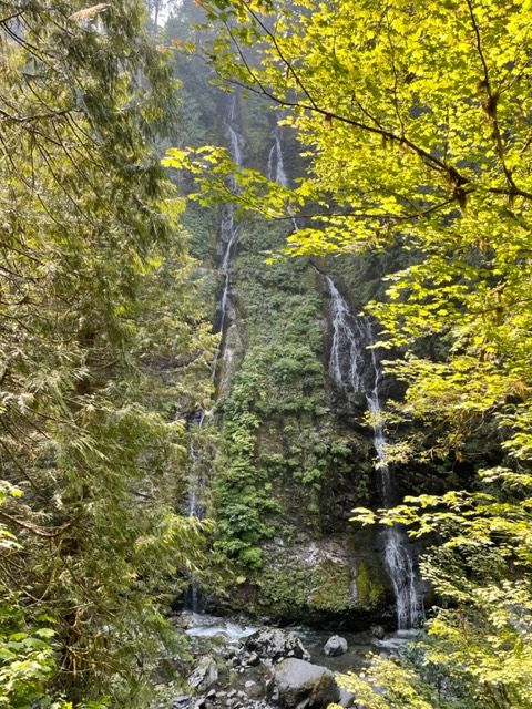 Two narrow waterfalls side by side going into a river.