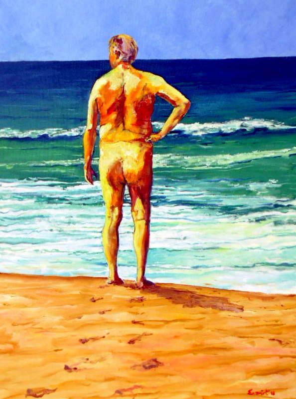 A painting of a nude male figure seen from behind standing before the blue and green water on a beach. He is an older man, so typical of many of the bathers one sees at a nude beach.