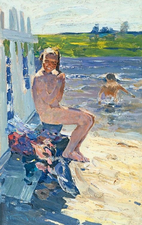 A painting portraying a scene at the beach, with a nude young girl sitting on a wooden bench by the sand in the foreground and another figure in the water in the background.