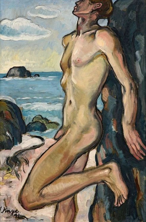 A painting of a nude male figure in an expressionistic style, leaning against a tree trunk or a vertical rock before a body of water. The upper part of the figure's head and his lower right leg are cropped out of the composition.