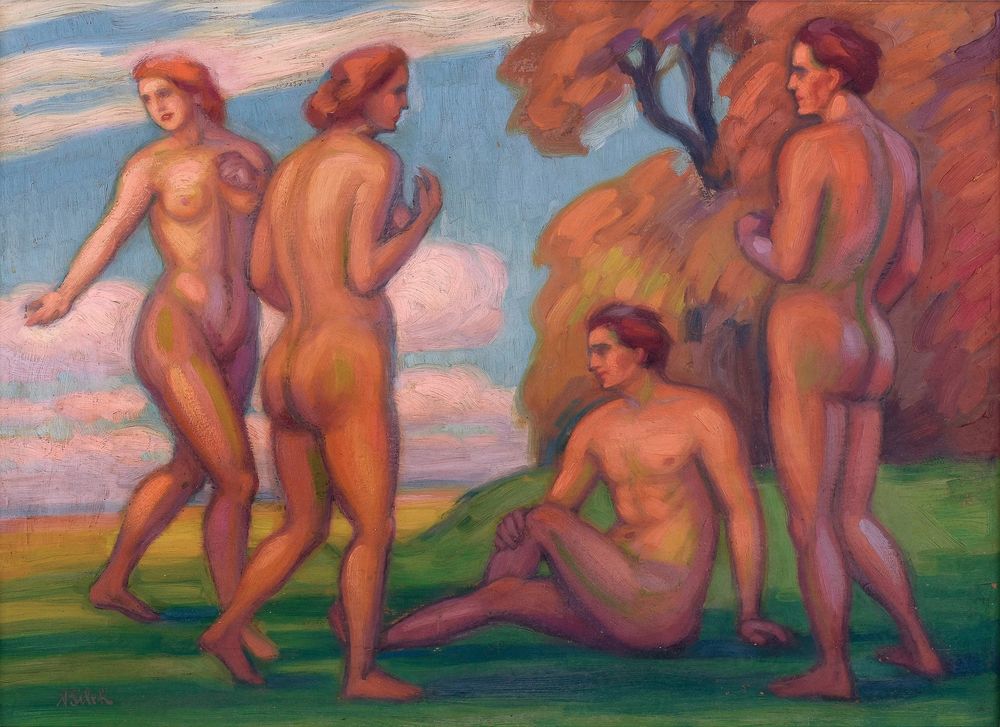 A painting of four nude figures, two female and two male. They are in a pastoral landscape on grass. 