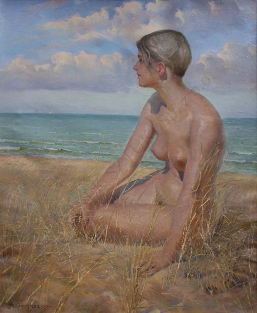A painting of a nude female figure sitting in short dune grass overlooking a beach. She has short blonde hair.