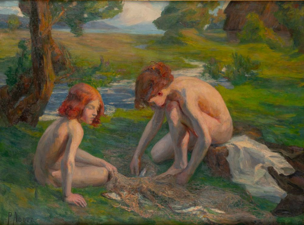 A painting of two nude young girls in an arcadian landscape.