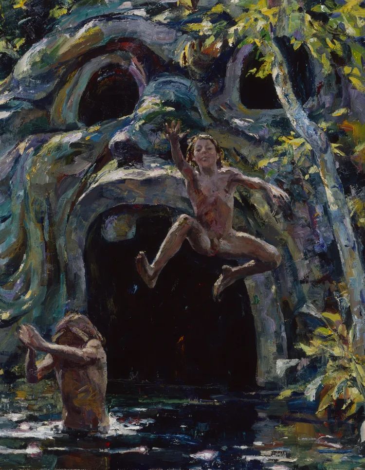 A painting of two nude boys in a jungle-like setting with a pool of water that emerges from an enormous stone carving of an ape's face. One youth is in the water up to his hips getting ready to dive under. The second boy is shown in mid-air as he wildly jumps into the pool.
