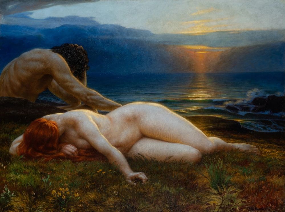A painting of a nude female and male by the sea at twilight. The painting focuses on the woman's figure who is lying on her side. She is facing down with her head resting on a bent arm on the ground. The male is sitting up behind her. His face is also hidden from the viewer.