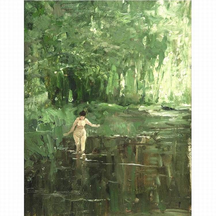 A painting of a nude female figure wading into a forest pool or stream. She is surrounded by lush greenery.