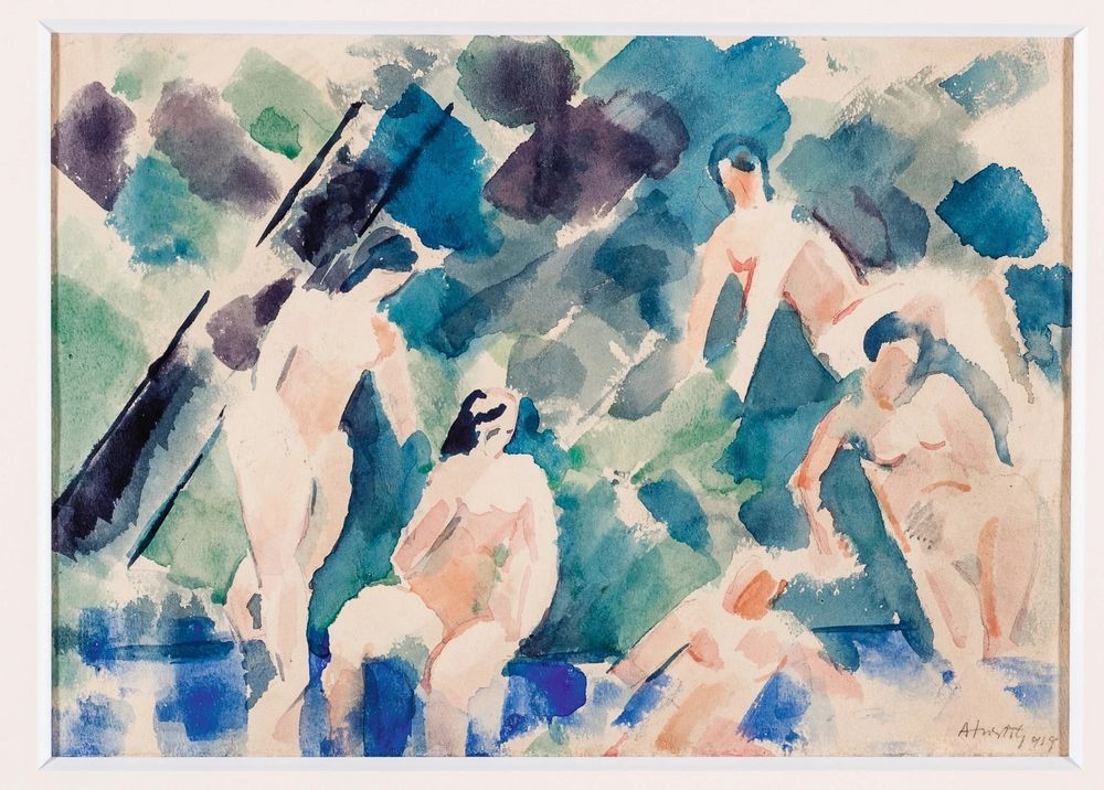 A watercolor painting of a group of five nude female figures against an abstract background of blue, purple and green squarish brushstrokes. The painting is done in a post-impressionist or early cubist style.