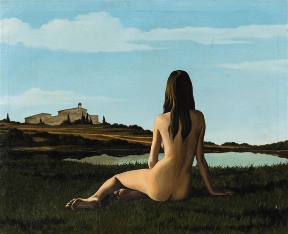 A painting of a nude female figure with long dark hair seen from behind. She is sitting on dark grass. Beyond her is a pond and a large villa upon a low hill. 