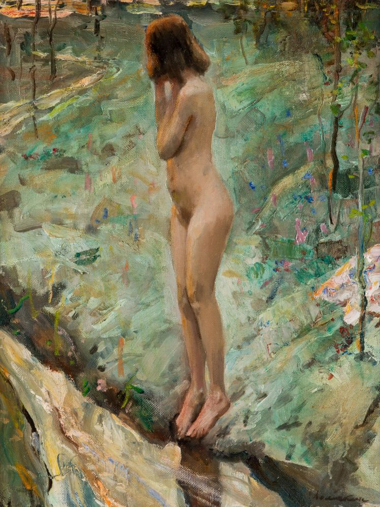 A painting of a nude female figure standing at the edge of a small stream in the woods. Her face is turned away from the viewer.