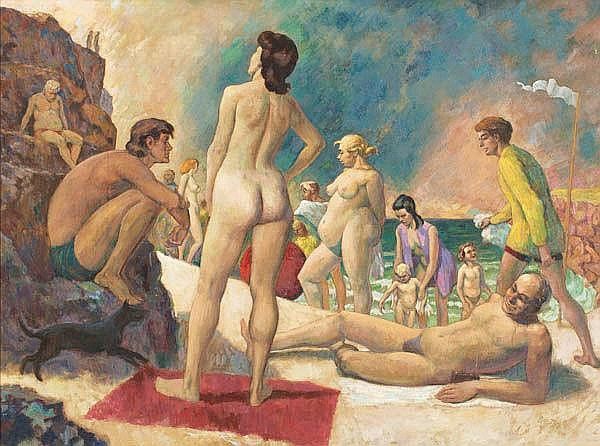 A painting of a large group of figures, some nude and some clothed, at a beach. The central figure is a nude female standing with her back to the viewer. A man sits on a rock to the left; he is wearing green swim trunks. To the right is a man lying on the sand. He sort of looks like he is nude, but his genitals are just a darker area with no definition. A large woman stand behind him and her genitals got a similar treatment. To the right is a clothed male. There are assorted figures, both m and f, in the background, some clothed and some nude.