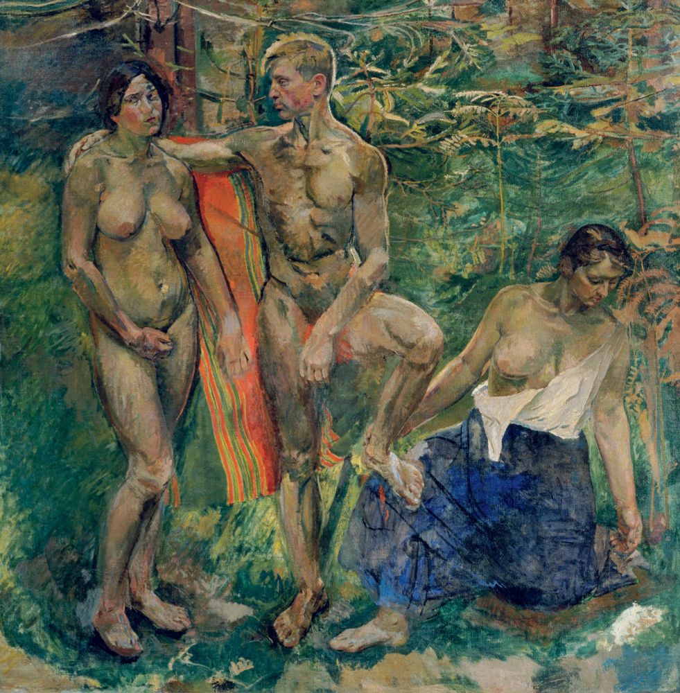 A painting of three nude figures in a forest. There is a female and a male standing to the left; they are naked. On the right is a kneeling female figure who is clothed. She has one breast exposed. The painting includes Wiegele's cousin, Justine Tarmann (Justa), on the left, and his siblings Alfred and Katharina as the other two figures. 