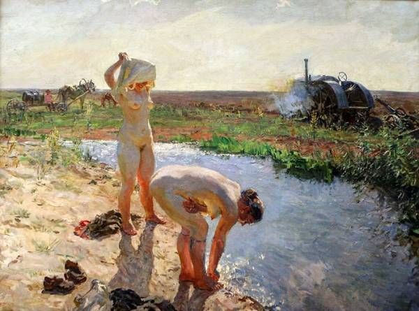 A painting of two nude female figures by a stream. They are taking off their clothes to go for a swim. In the flat fields in the background are a tractor and a horse drawn wagon with a tank of some sort on it.