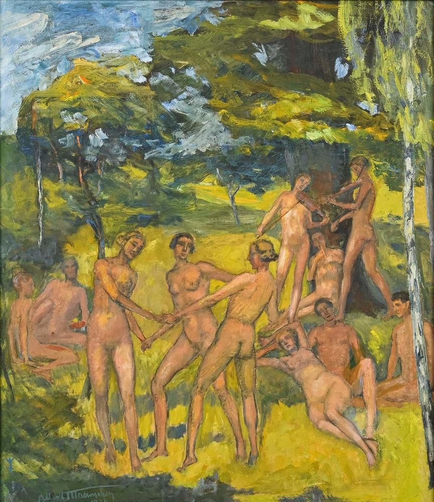 A painting of a group of eleven nude figures, both female and male, dancing and resting in a lush, natural setting. Three are dancing in a circle. Two are playing fiddles and the other six are resting on the ground.