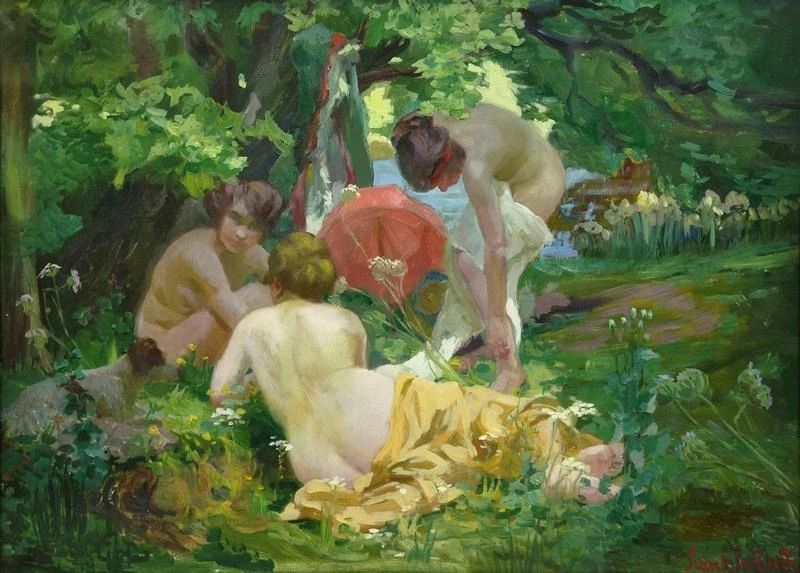 A painting of three nude female figures in a grove of trees. The central figure in the foreground is sitting in the sun with her back to the viewer. She has a piece of yellow fabric wrapped around her legs. Behind her another woman is sitting in the shade facing forward. The third woman is standing and reaching down to one foot. A body of water is barely visible through the trees. What looks like a small dog can be seen on the left side of the painting.