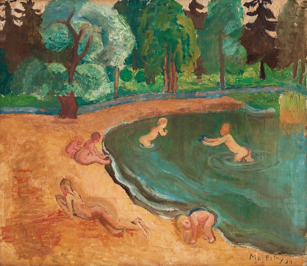 A painting of a serene, idyllic scene with several nude figures bathing in a body of water in a woodland setting. The painting is done in a somewhat primitive manner.
