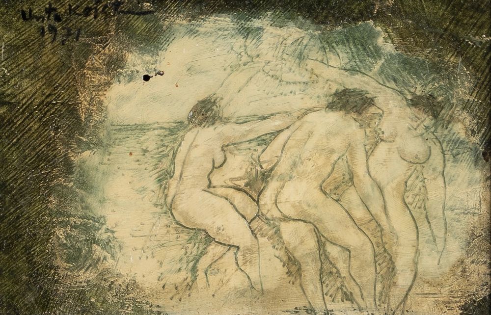 A painting of three nude female figures standing on a beach. They are rendered simply in monochrome with just outlines. The borders of the painting are shaded in dark earth tones, the same colors used the figures.