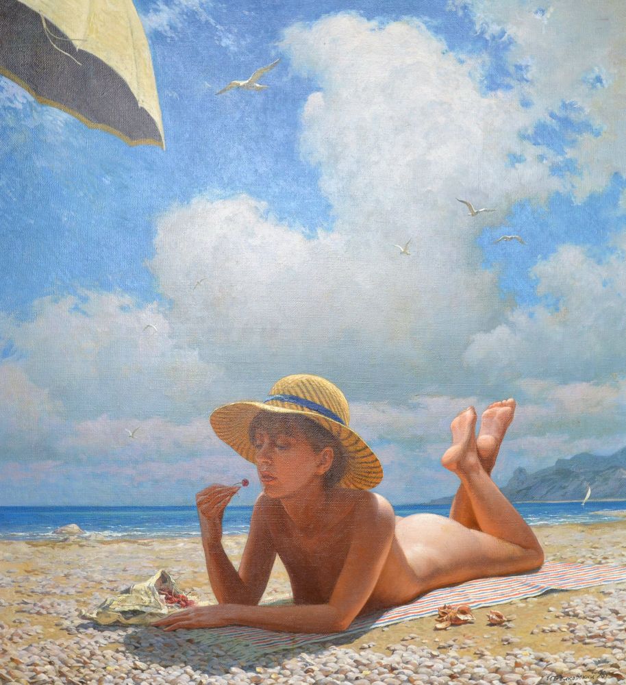 A painting of a nude female figure lying on a towel on a beach. She is wearing a wide-brimmed straw hat. It looks like she is eating something.