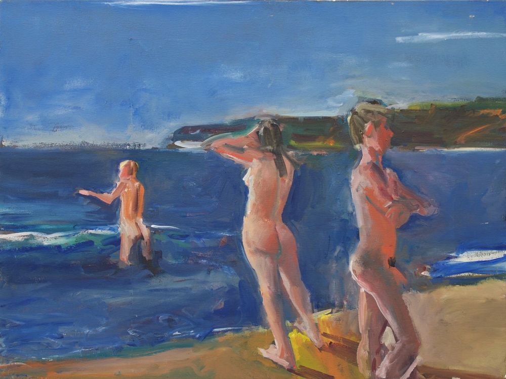 A painting of three nude figures at a beach. A male and a female are standing on the sand and the third figure of unknown gender is standing in the water.