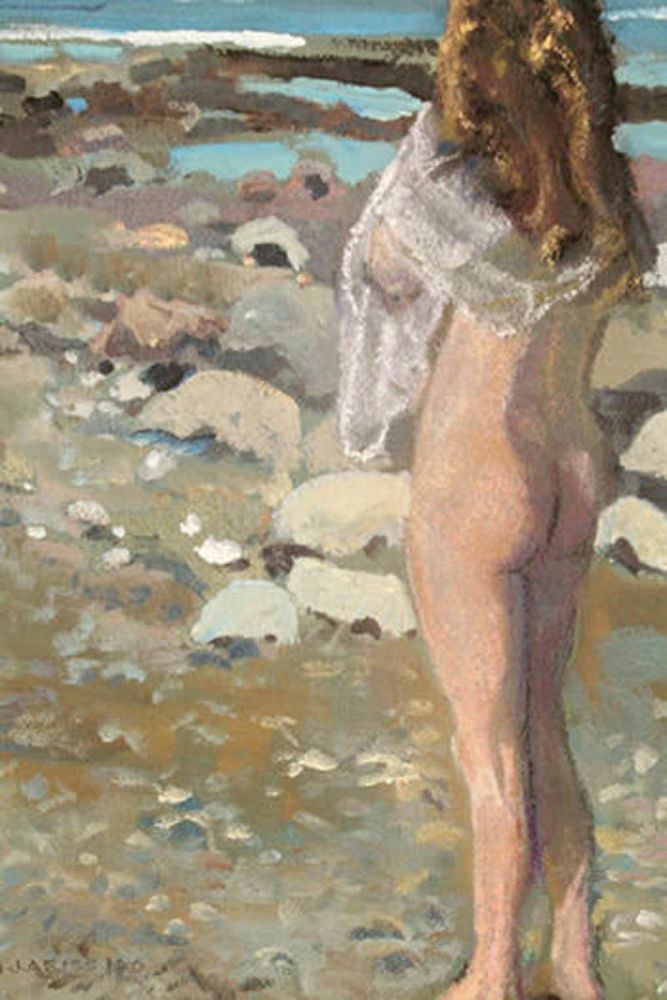 A painting of a nude female figure standing on a beach of rock and sand, viewed from behind. She is at the right side of this vertical painting. Her feet and top of her head are cropped at the edges of the painting. She has a thin white wrap around her shoulders; otherwise she is nude.